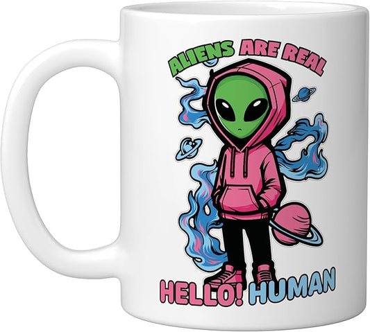 Aliens Are Real UFO Flying Saucer Grey Alien Sci-Fi Art Ceramic Mug, White