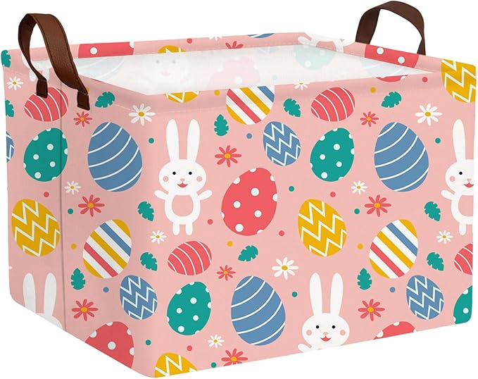 Kid Large Empty Easter Basket Gift Personalized Fabric Bunny Easter Basket for Boy and Girl Room Decor Storage Bin (Rabbit Easter Egg Pink Flower)