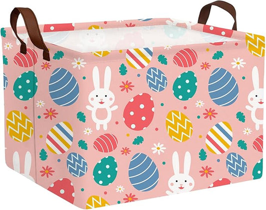 Kid Large Empty Easter Basket Gift Personalized Fabric Bunny Easter Basket for Boy and Girl Room Decor Storage Bin (Rabbit Easter Egg Pink Flower)