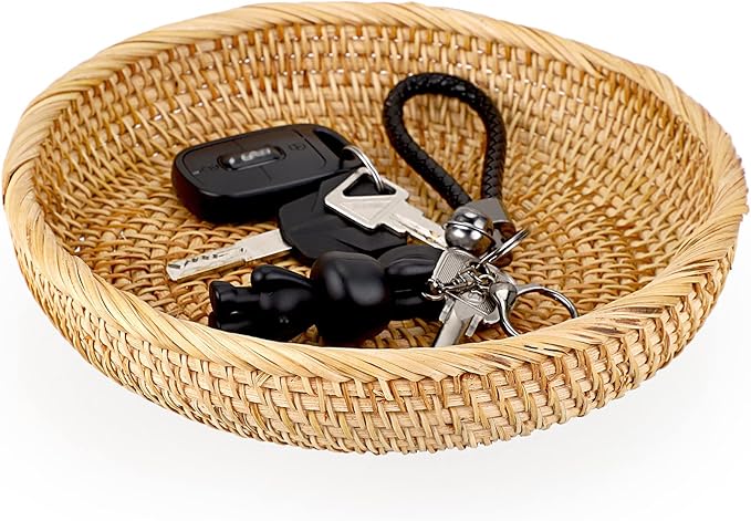 Hipiwe Small Round Keys Basket Bowl for Entryway 8.6" Hand-woven Wicker Storage Basket Rattan Decorative Basket Fruit Candy Cake Food Serving Baskets Tray for Keys, Wallet, Cell Phone