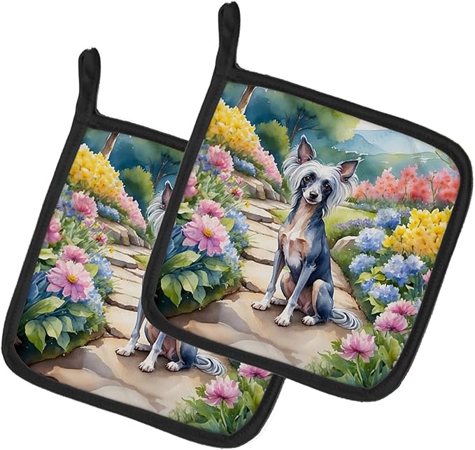 Caroline's Treasures Chinese Crested Spring Path Pair of Pot Holders Kitchen Heat Resistant Pot Holders Sets Oven Hot Pads for Cooking Baking BBQ, 7 1/2 x 7 1/2