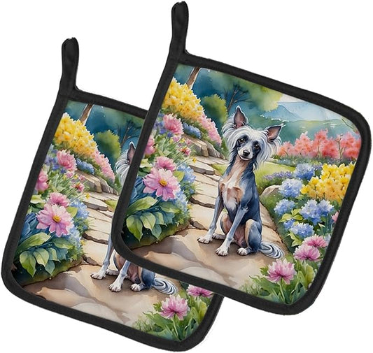 Caroline's Treasures Chinese Crested Spring Path Pair of Pot Holders Kitchen Heat Resistant Pot Holders Sets Oven Hot Pads for Cooking Baking BBQ, 7 1/2 x 7 1/2