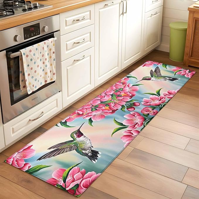 Runner Rug for Bedroom Hallway, Hummingbird Flower Peach Blossom Kitchen Runner Rugs Area Rug 2x6ft, Nature Oil Painting Art Washable Soft Floor Carpet for Entryway Stair