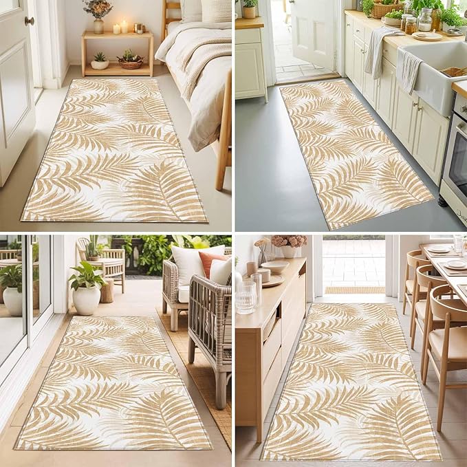Runner Rug for Bedroom Hallway, Summer Boho Palms Leaves Kitchen Runner Rugs Area Rug 2x6ft, Vintage Tropical Plants Washable Soft Floor Carpet for Entryway Stair