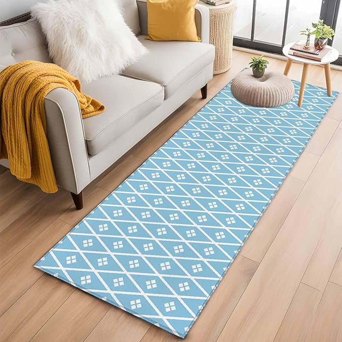 Runner Rug for Bedroom Hallway, Boho Blue White Plaid Line Kitchen Runner Rugs Area Rug 2x6ft, Abstract Geometric Diamond Washable Soft Floor Carpet for Entryway Stair