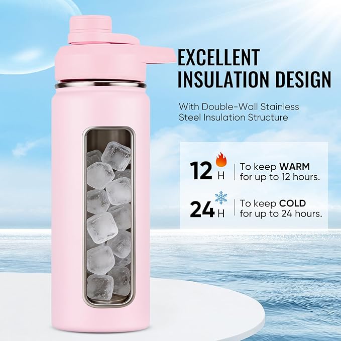 Fijinhom 18 oz Insulated Water Bottle with Handle, 304 Stainless Steel Water Bottles with Wide Mouth, Double Wall Vacuum Sports Water Bottle, BPA Free, Keep Cold and Hot, Pink