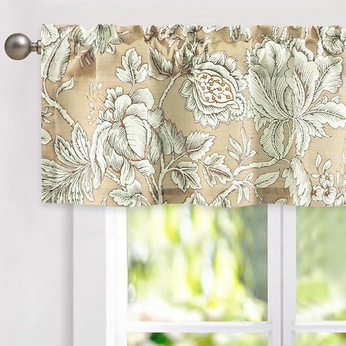Leeva Vintage Floral Valance for Windows - Light Filtering Linen Textured Window Treatment with Rod Pocket, Farmhouse Decorative Curtain for Kitchen & Bedroom, 52" W x 12" L, 1 Panel