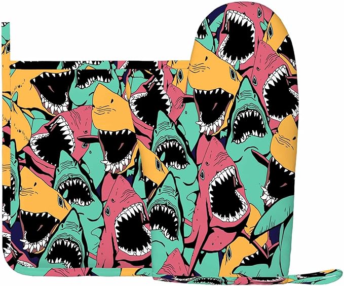 Mxocom Shark Oven Mitts and Pot Holders Sets Sea Ocean Fish Angry Sharks Wide Mouth White Teeth Aqua Silicone Heat Resistant Kitchen Oven Gloves Pot Holder for Cooking