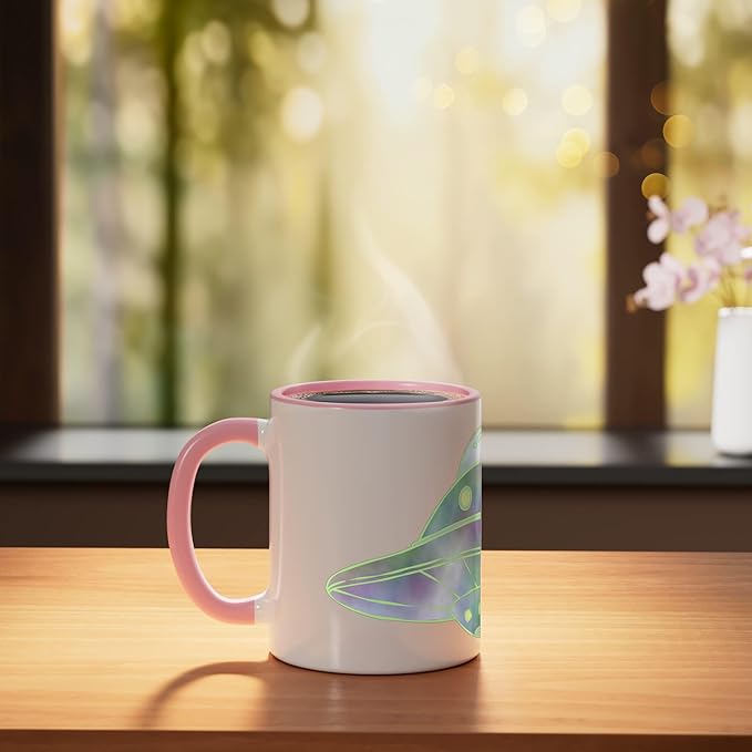 UFO UAP Flying Saucer Alien Spaceship Ceramic Mug, Pink/White