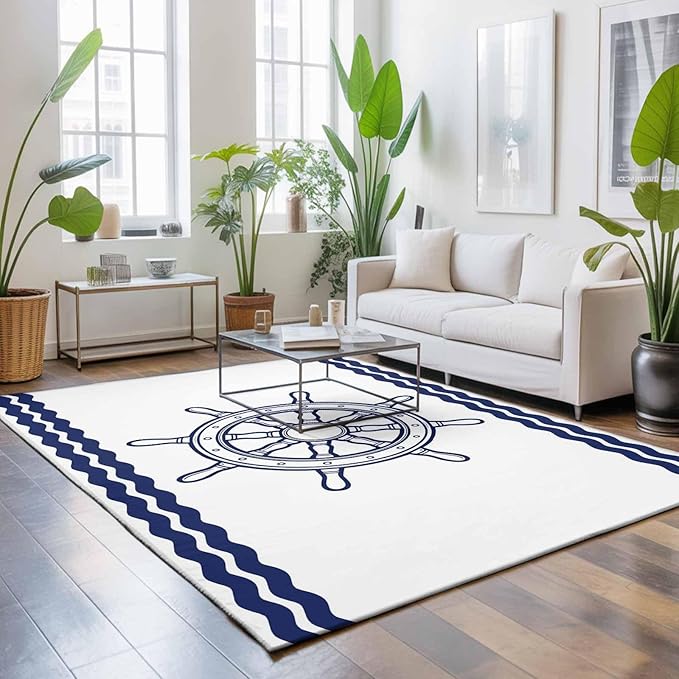 Area Rug 4x6ft, Summer Marine Nautical Ship Rudder Washable Rugs for Living Room Bedroom, Ocean Theme Navy Blue White Soft Non-Slip Area Rugs Rectangle Floor Carpet for Dining Room