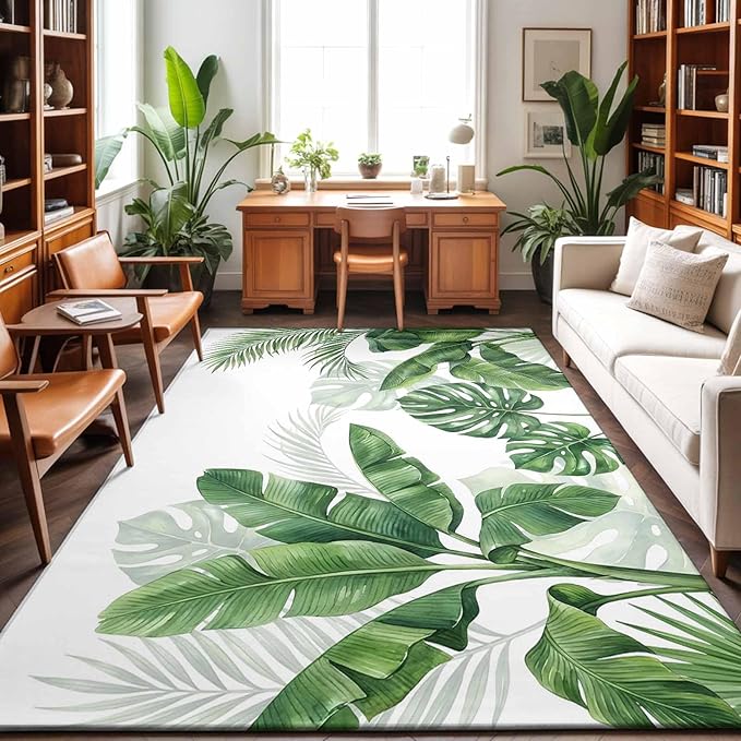Area Rug 3x5ft, Watercolor Green Tropical Leaves Washable Rugs for Living Room Bedroom, Botanical Palm Leaf Plants Soft Non-Slip Area Rugs Rectangle Floor Carpet for Dining Room