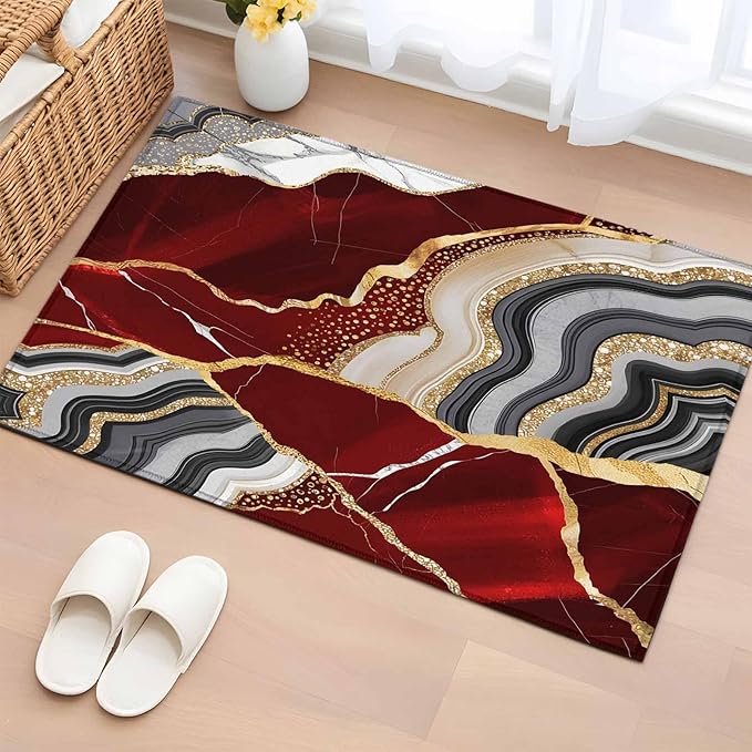 Area Rug 2x3ft, Abstract Flowing Marble Fluid Art Washable Rugs for Living Room Bedroom, Red and Gold Lines Soft Non-Slip Area Rugs Rectangle Floor Carpet for Dining Room