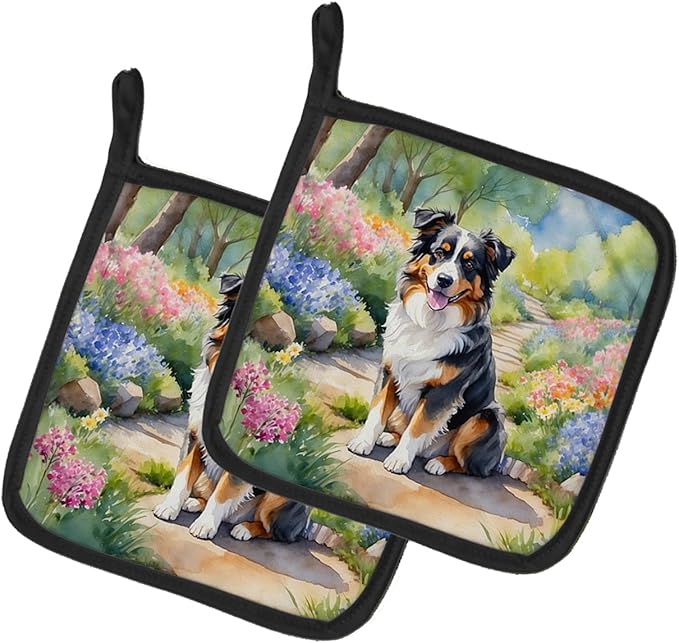 Caroline's Treasures Australian Shepherd Spring Garden Pair of Pot Holders Kitchen Heat Resistant Pot Holders Sets Oven Hot Pads for Cooking Baking BBQ, 7 1/2 x 7 1/2