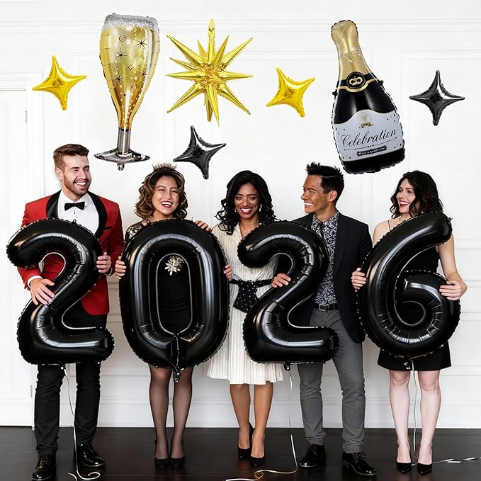 Black 2026 Balloons, 40 Inch Number 2026 Black Foil Balloons, Gold Black Star Balloon, Champagne Bottle Glass Balloon for Happy New Years Eve Party Supplies 2026 Class of 2026 Graduation Decorations