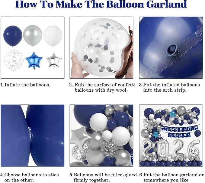 Graduation Decorations Class of 2026: Navy Blue and Silver Graduation Balloon Arch Garland Kit and Silver Confetti Balloons Congrats Grad Banner 2026 Foil Balloon