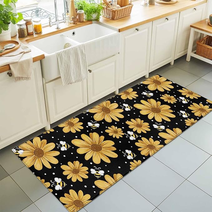 Runner Rug for Bedroom Hallway, Summer Daisy Flower Bee on Black Kitchen Runner Rugs Area Rug 2x6ft, Spring Watercolor Floral Washable Soft Floor Carpet for Entryway Stair