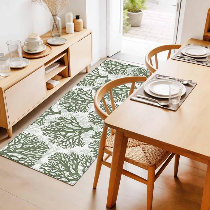 Runner Rug for Bedroom Hallway, Deep Forest Green Corals Kitchen Runner Rugs Area Rug 2x6ft, Retro Marine Life Washable Soft Floor Carpet for Entryway Stair