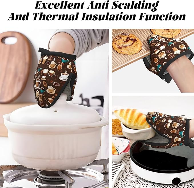 2 Pcs Mini Silicone Oven Mitts Cartoon Coffee Heat Resistant Grilling Gloves with Hanging Loop, Short Kitchen Mittens for Cooking Baking BBQ