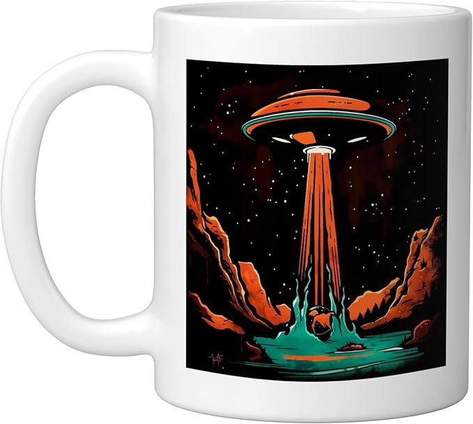Aliens Abducting people into Flying UFO Saucer Abduction Ceramic Mug, White