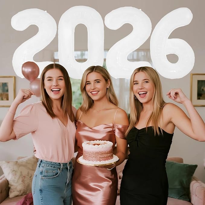 White 2026 Balloons, 40 Inch 2026 Number Balloon Foil New Year Balloon Numbers for New Years Eve Party Graduation Party Decoration