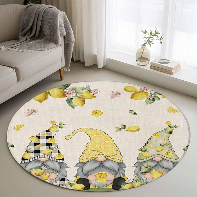 Washable Round Area Rug Summer Gnome with Lemon Circle Rugs Floor Carpet for Living Room Bedroom, Farmhouse Dwarf Fruit on Linen Soft Non Slip Round Rug 3ft