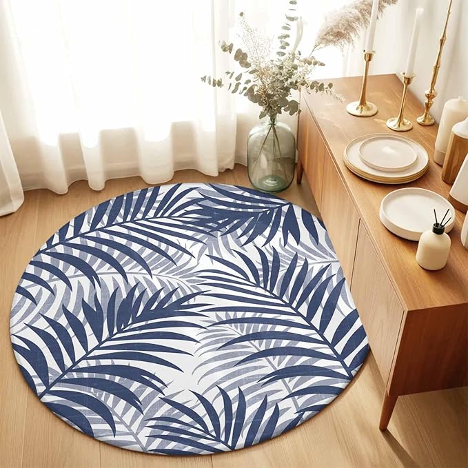 Washable Round Area Rug Abstract Navy Blue Palms Leaves Circle Rugs Floor Carpet for Living Room Bedroom, Summer Botantical Soft Non Slip Round Rug 5ft