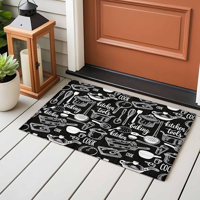 Black Kitchen Tools 2x3 Door Mat Rug, Modern Cooking Utensil Non-Skid Rubber Backing Large Rectangle Rugs - Living Room Bedroom Home Office, Farmhouse Cookware Indoor Floor Mat Carpets Washable Rug