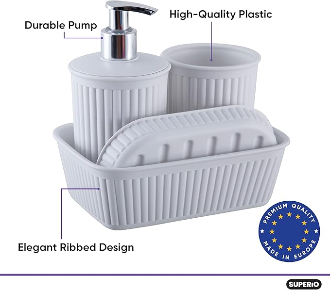 Decorative Plastic Bathroom Accessories Set, White Smoke (Set of 4) Soap Dish, Liquid Dispenser, Toothbrush Holder Cup, Vanity Organizer Tray - Bath Accessory Countertop Decor Gift - Ribbed Design