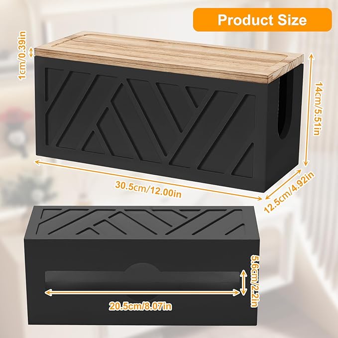Qivine 2Pcs Paper Towel Dispenser Wall Mount, 2-in-1 Wooden Paper Towel Holder, Toilet Napkin Holder Dispenser with Lid Removable Top Tray for Bathroom Kitchen Decor Home and Commercial(2, Black)