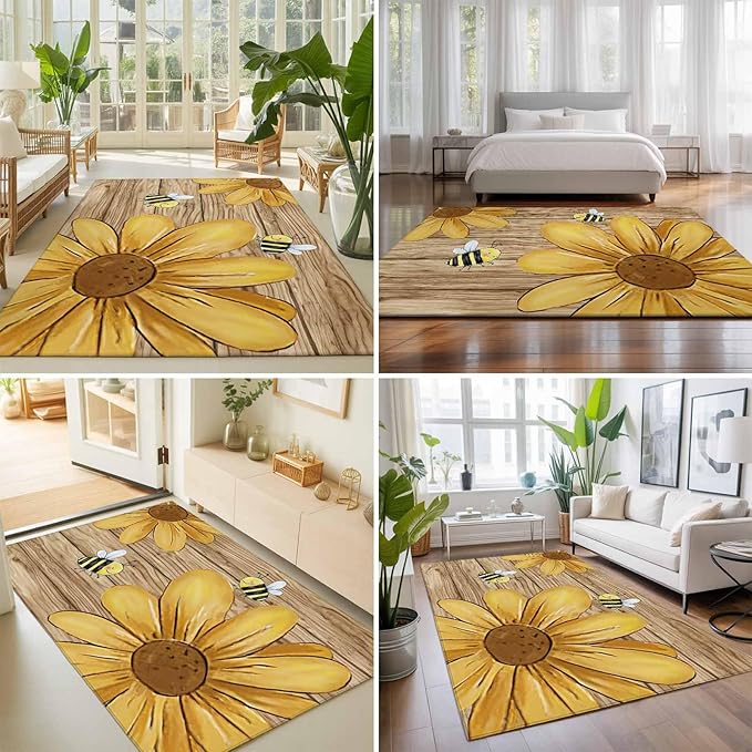 Area Rug 3x5ft, Summer Yellow Bee Blossom Flower Washable Rugs for Living Room Bedroom, Retro Rustic Brown Wood Board Soft Non-Slip Area Rugs Rectangle Floor Carpet for Dining Room