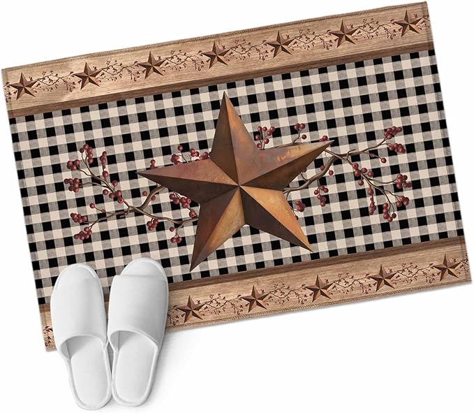 Brown Texas Star Retro 2x3 Door Mat Rug, Country Star Non-Skid Rubber Backing Large Rectangle Rugs - Living Room Bedroom Home Office, Black White Plaid Wooden Indoor Floor Mat Carpets Washable Rug