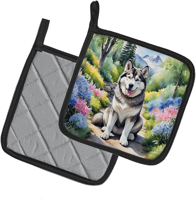 Caroline's Treasures Alaskan Malamute Spring Garden Pair of Pot Holders Kitchen Heat Resistant Pot Holders Sets Oven Hot Pads for Cooking Baking BBQ, 7 1/2 x 7 1/2