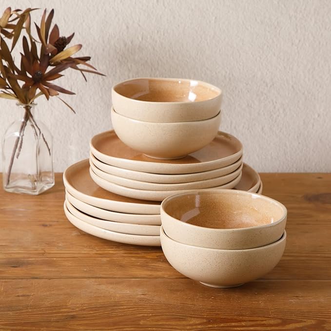 Gibson Elite Manila Bay 12-Piece Stoneware Dinnerware Set, Service for 4, Reactive Glaze Modern Artisan Plates, Bowls & Mugs, Orange, Round Design
