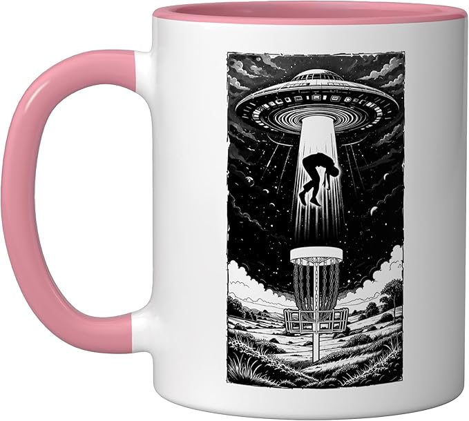 Disc Golf UFO Funny Flying Saucer Alien Abduction Basket Ceramic Mug, Pink/White