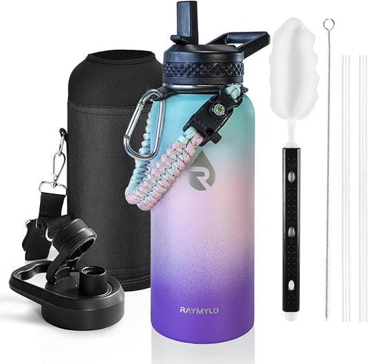 RAYMYLO Insulated Water Bottle 32 oz, Triple Wall Vacuum Stainless Steel (Cold for 24Hrs, Hot for 12Hrs), Leak Proof & Non-BPA, Modern Water Flask Jug with Paracord Handle & Straw Spout Lids