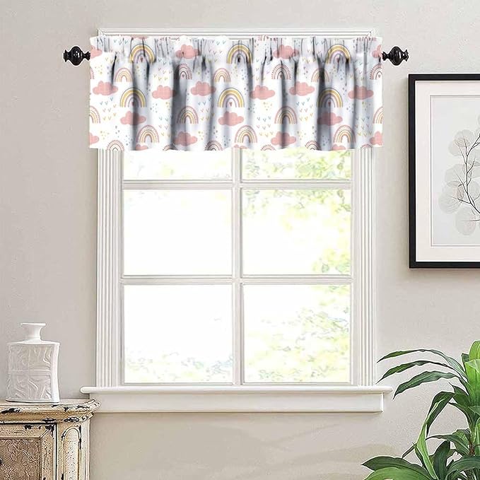 Rainbow Cloud Valance for Kids Girls Boys, Sweet Pink Boho Rainbow Arch Short Rod Pocket Window Treatment for Kitchen Bedroom Living Room Nursery Party, 54x18Inch