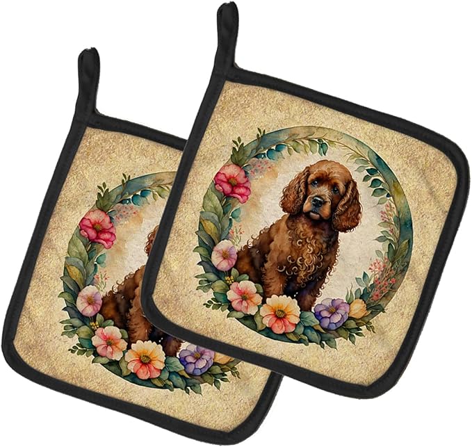 Caroline's Treasures Irish Water Spaniel and Flowers Pair of Pot Holders Kitchen Heat Resistant Pot Holders Sets Oven Hot Pads for Cooking Baking BBQ, 7 1/2 x 7 1/2