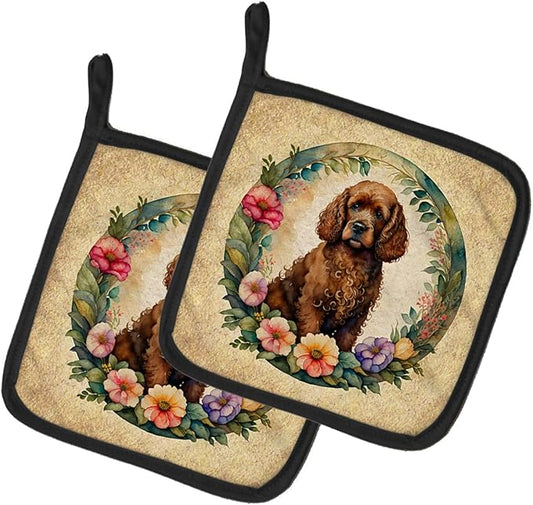 Caroline's Treasures Irish Water Spaniel and Flowers Pair of Pot Holders Kitchen Heat Resistant Pot Holders Sets Oven Hot Pads for Cooking Baking BBQ, 7 1/2 x 7 1/2