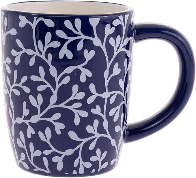 Boston International Ceramic Mug for Coffee Tea & Hot Drinks, 12 oz, Navy Seaweed Garland
