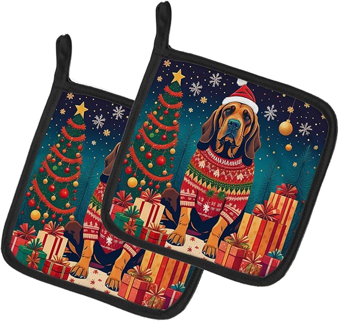 Caroline's Treasures Bloodhound Christmas Pair of Pot Holders Kitchen Heat Resistant Pot Holders Sets Oven Hot Pads for Cooking Baking BBQ, 7 1/2 x 7 1/2