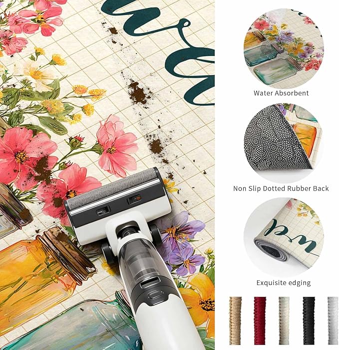 Area Rug 2x3ft, Summer Pastoral Flower Buffalo Plaid Washable Rugs for Living Room Bedroom, Rustic Blossom Floral Soft Non-Slip Area Rugs Rectangle Floor Carpet for Dining Room
