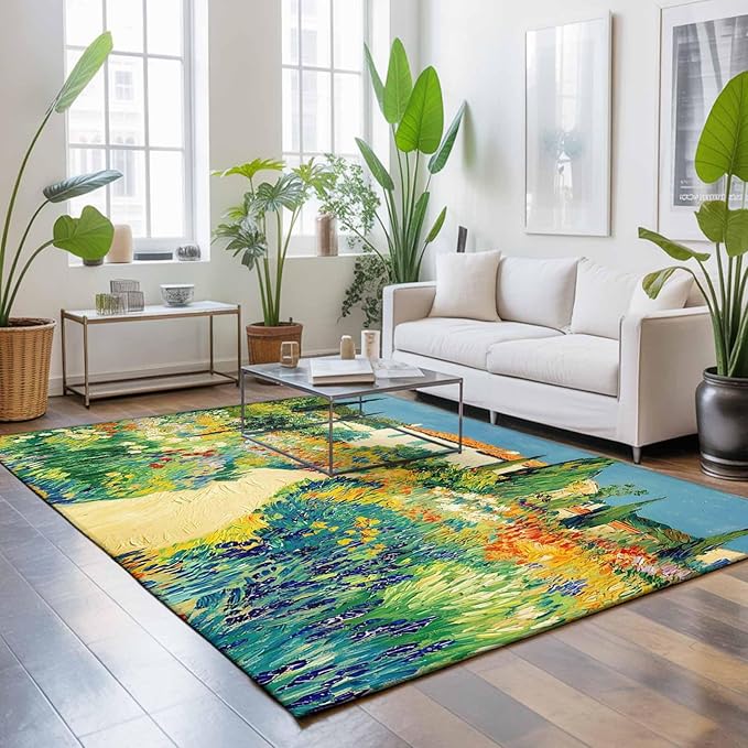 Area Rug 8x10ft, Pastoral Floral Pink Yellow Flower Green Leaves Washable Rugs for Living Room Bedroom, Farm Plants Soft Non-Slip Area Rugs Rectangle Floor Carpet for Dining Room