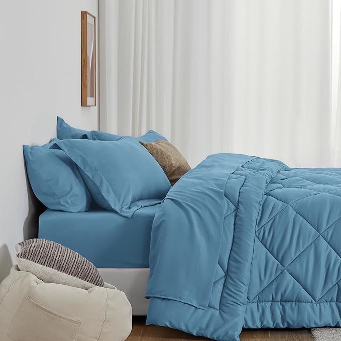 Love's cabin Full Comforter Set Misty Blue, 7 Pieces Full Bed in a Bag, All Season Bedding Sets with 1 Comforter, 1 Flat Sheet, 1 Fitted Sheet, 2 Pillowcase and 2 Pillow Sham | Soft, Breathable, Lightweight, Comfortable