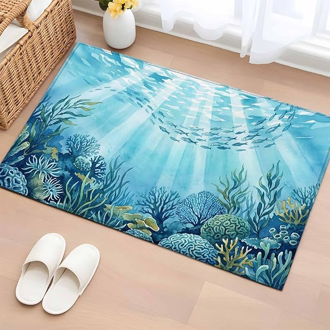 Area Rug 2x3ft, Underwater World Coral Seaweed Washable Rugs for Living Room Bedroom, Seafloor Ocean Life Fish Soft Non-Slip Area Rugs Rectangle Floor Carpet for Dining Room