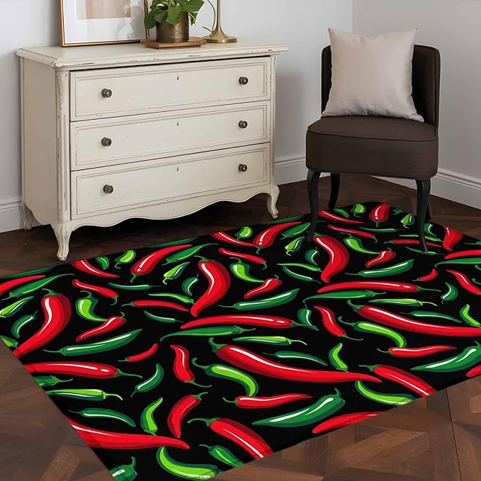 Area Rug 3x5ft, Spicy Chili Pepper Pattern Washable Rugs for Living Room Bedroom, Red Green Peppers on Black Soft Non-Slip Area Rugs Rectangle Floor Carpet for Dining Room