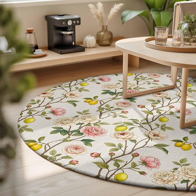 Washable Round Area Rug Farmhouse Blossom Flower Leaf Lemon Circle Rugs Floor Carpet for Living Room Bedroom, Summer Retro Floral Fruit Soft Non Slip Round Rug 3ft