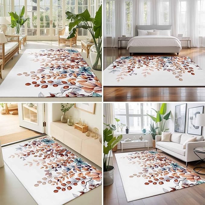 Area Rug 8x10ft, Fall Orange Watercolor Eucalyptus Leaves Washable Rugs for Living Room Bedroom, Fallen Leaf on White Soft Non-Slip Area Rugs Rectangle Floor Carpet for Dining Room