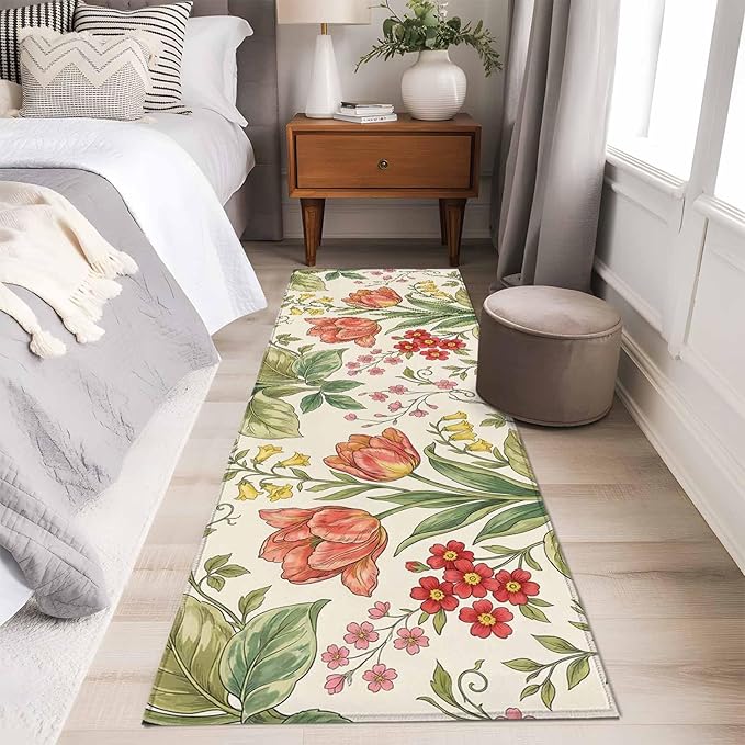 Runner Rug for Bedroom Hallway, Vintage Tulips Red Daisies Kitchen Runner Rugs Area Rug 2x6ft, Yellow Blooms Floral Pattern Washable Soft Floor Carpet for Entryway Stair