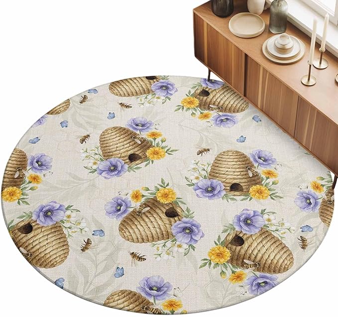Washable Round Area Rug Garden Beehives Honeybees Circle Rugs Floor Carpet for Living Room Bedroom, Country Purple Floral Soft Non Slip Round Rug 3ft