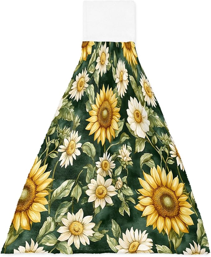 Alandar Home Kitchen Tie Towel Set of 1, Country Sunflower Green Watercolor Leaves Absorbent Soft Hand Towels for Bathroom Hanging Towels, Blossom Floral Fast Drying Cleaning Cloth with Loop